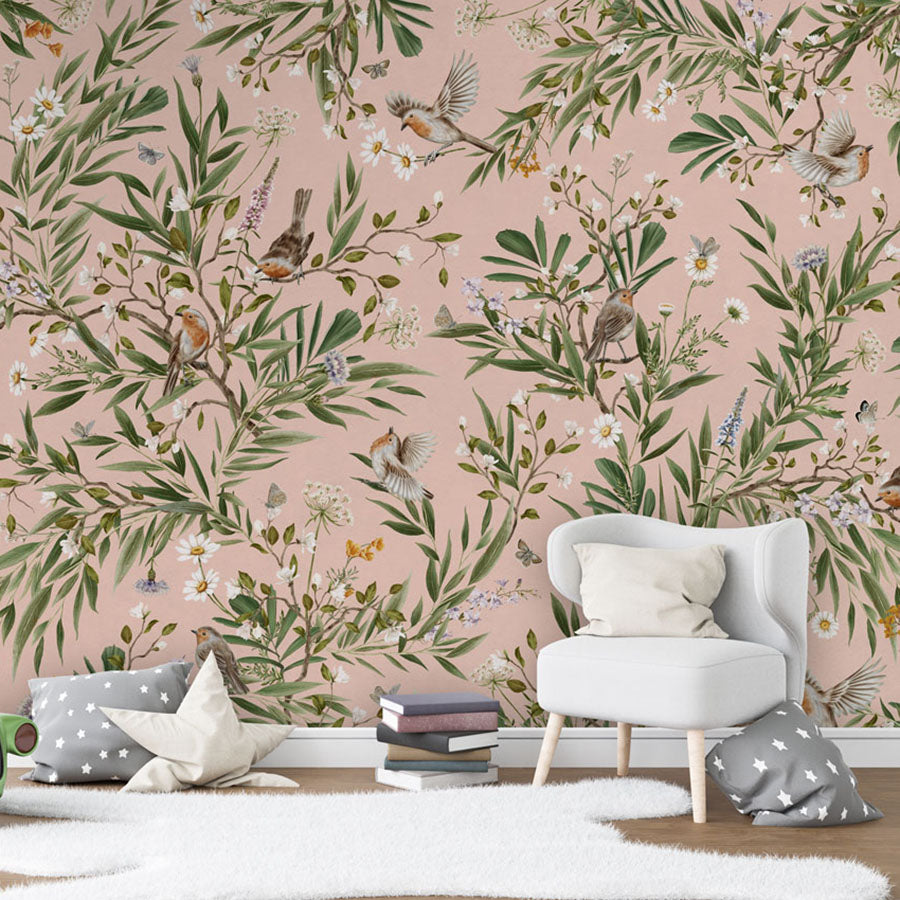 Playful Robins – Pink wallpaper mural in a toy car