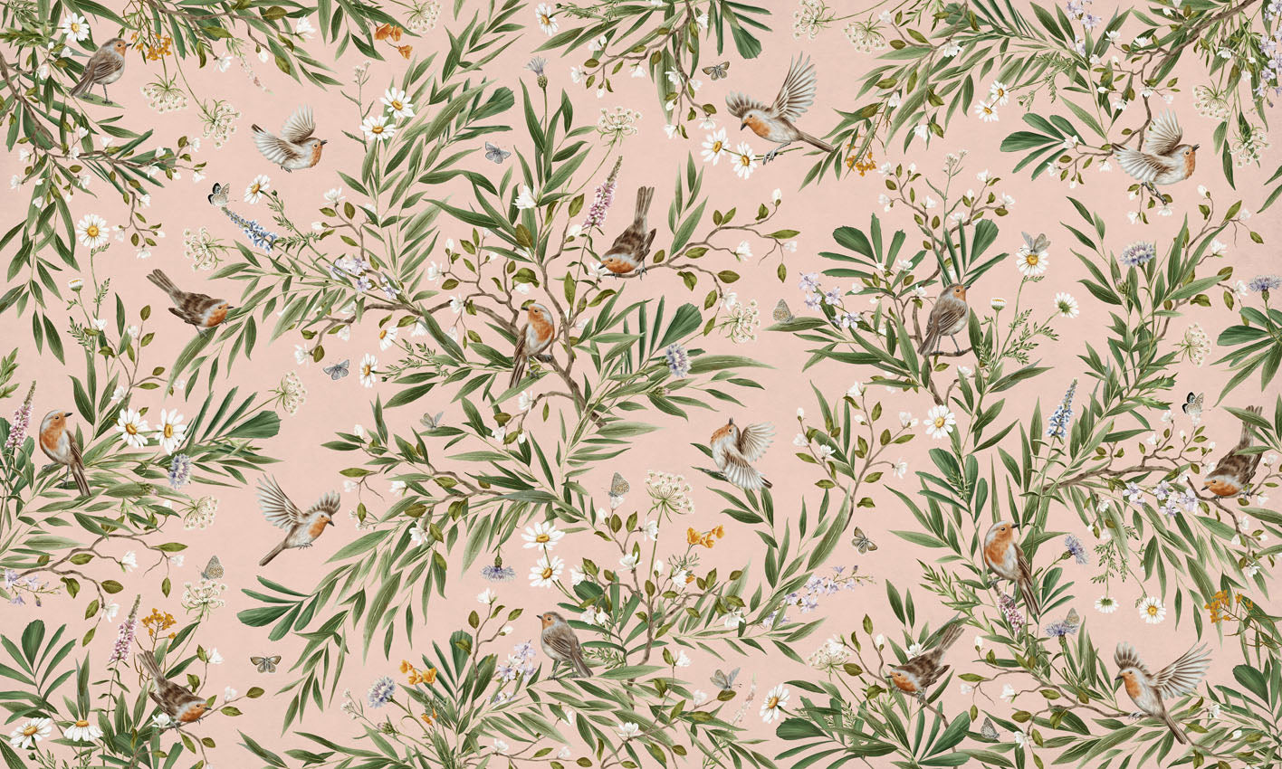 Playful Robins – Pink wallpaper mural by Kikki Belle