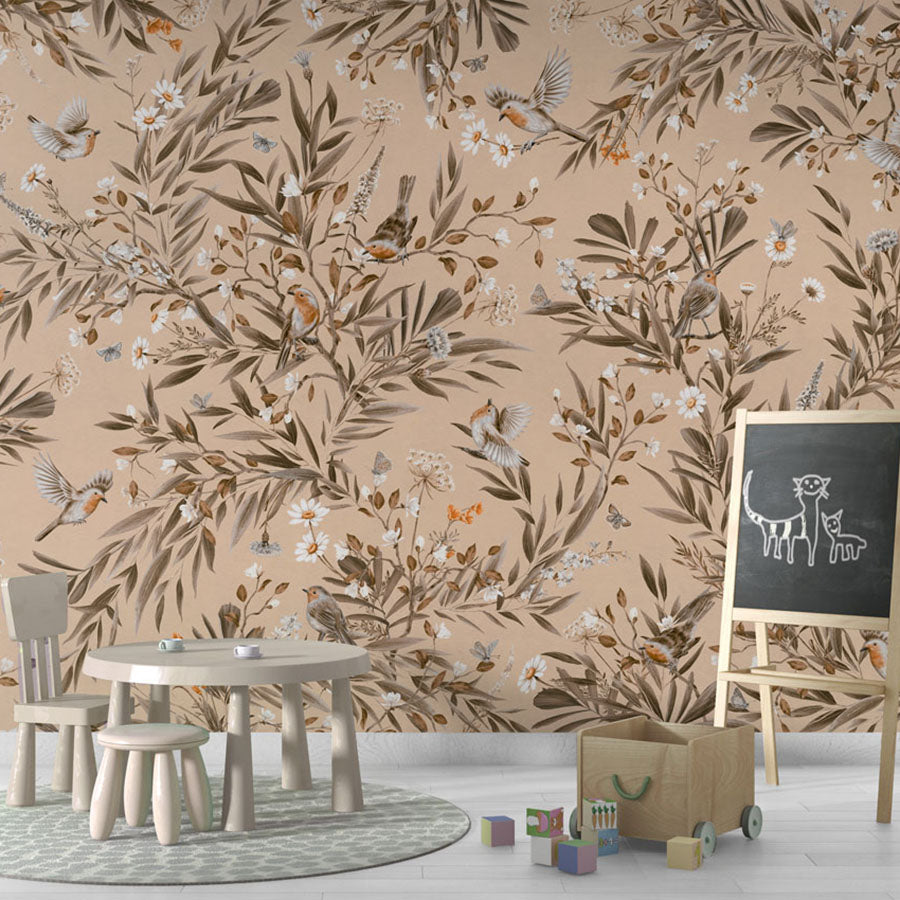 Playful Robins – Vintage Beige wallpaper mural in a chalkboard