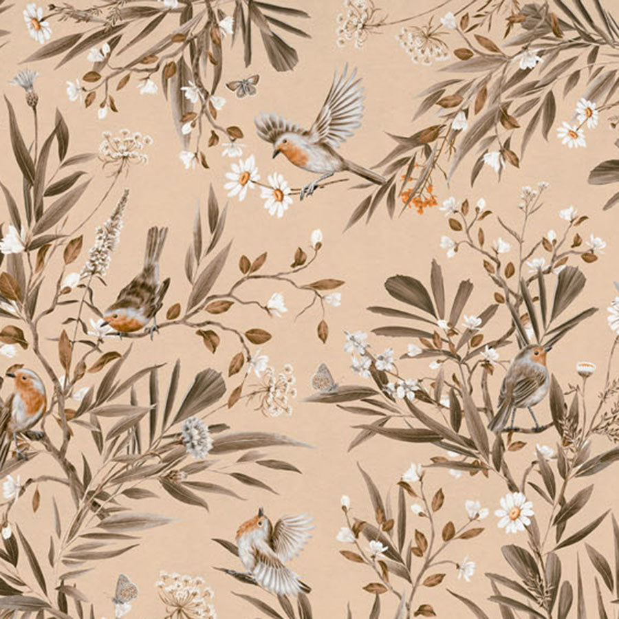 Close-up of the Playful Robins – Vintage Beige wallpaper mural