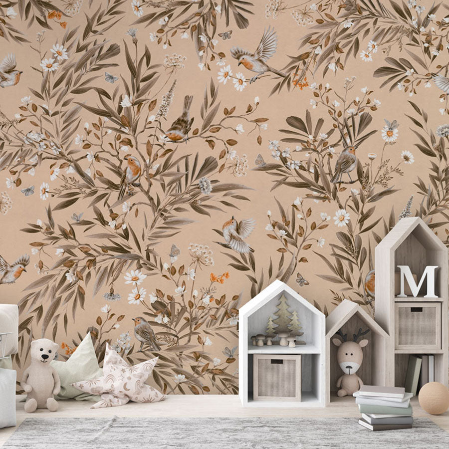 Playful Robins – Vintage Beige wallpaper mural in a house shaped storage