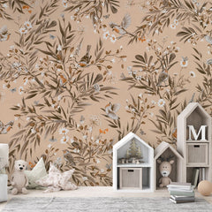 Playful Robins – Vintage Beige wallpaper mural in a house shaped storage