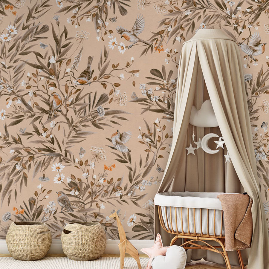 Playful Robins – Vintage Beige wallpaper mural in a nursery rattan cot canopy