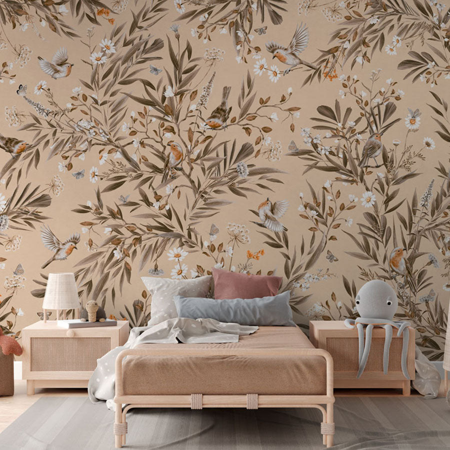 Playful Robins – Vintage Beige wallpaper mural in a rattan bed