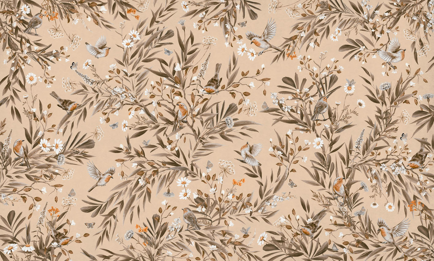 Playful Robins – Vintage Beige wallpaper mural by Kikki Belle