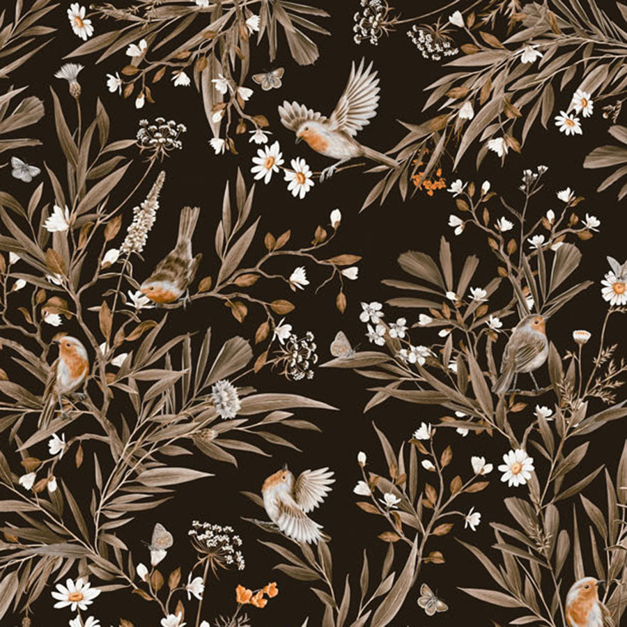Close-up of the Playful Robins – Vintage Black wallpaper mural