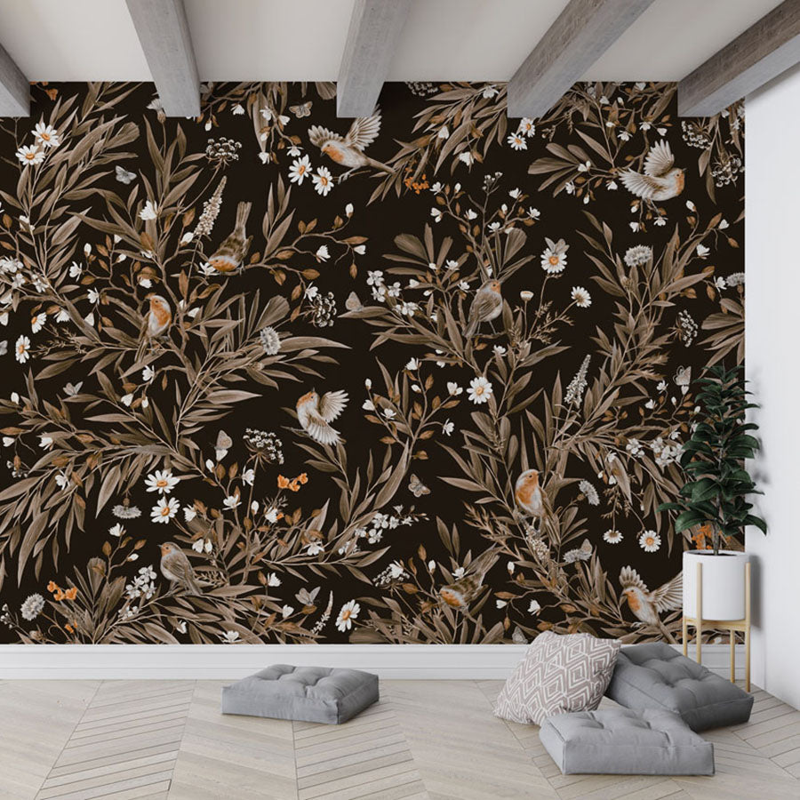 Playful Robins – Vintage Black wallpaper mural in a hanging chair floor cushions