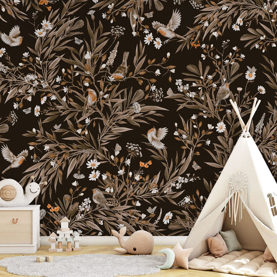 Playful Robins – Vintage Black wallpaper mural in a teepee