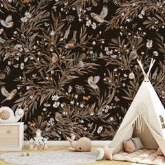 Playful Robins – Vintage Black wallpaper mural in a teepee