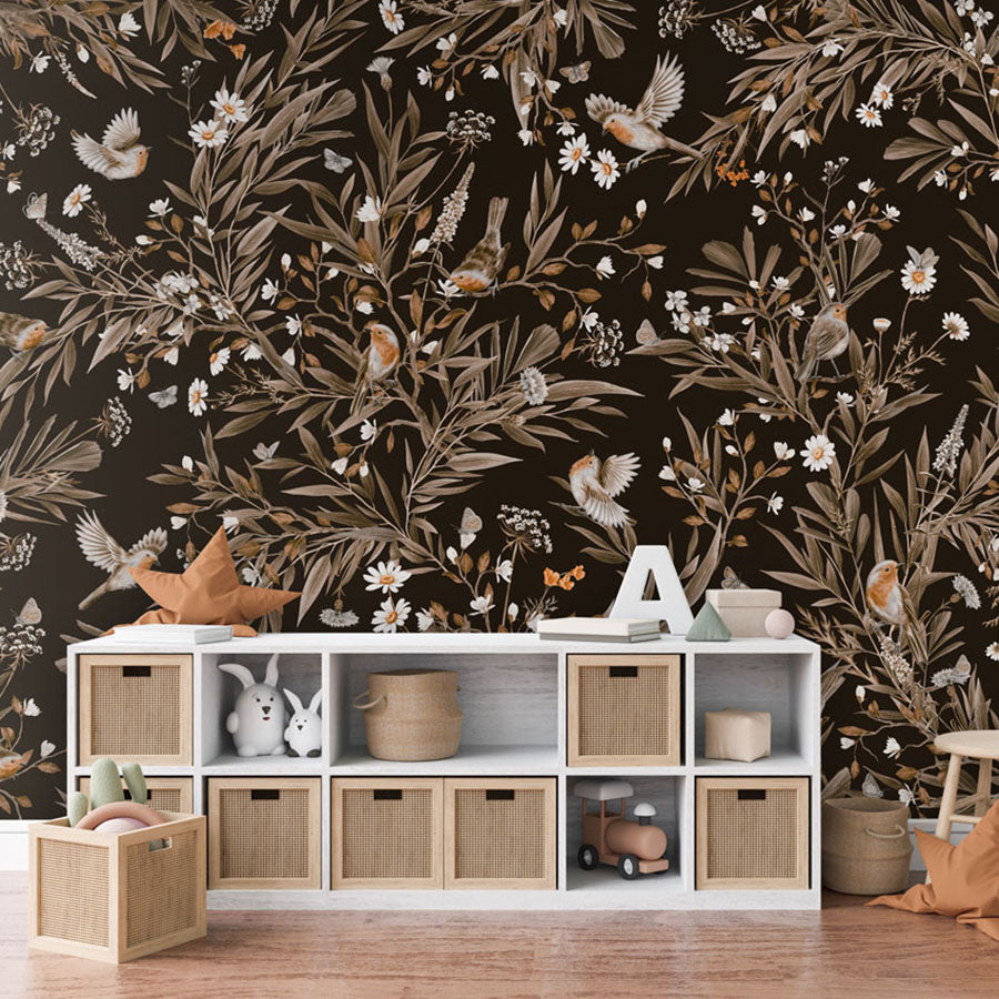 Playful Robins – Vintage Black wallpaper mural in a toy storage
