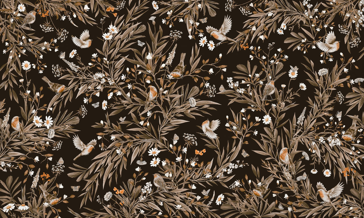 Playful Robins – Vintage Black wallpaper mural by Kikki Belle