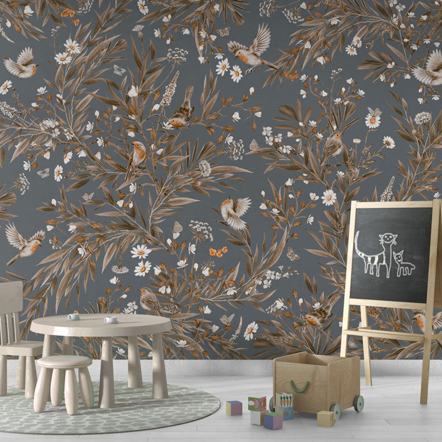 Playful Robins – Vintage Blue wallpaper mural in a chalkboard
