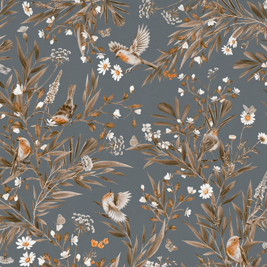 Close-up of the Playful Robins – Vintage Blue wallpaper mural