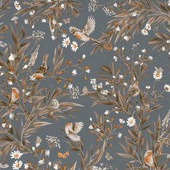 Close-up of the Playful Robins – Vintage Blue wallpaper mural