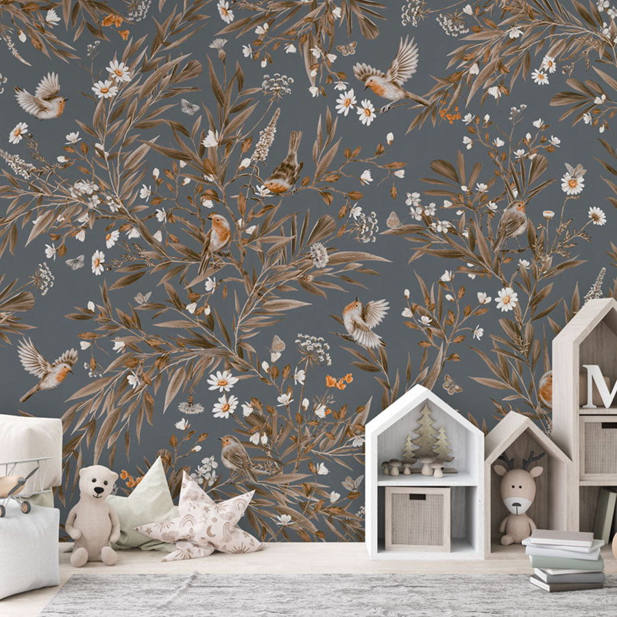 Playful Robins – Vintage Blue wallpaper mural in a house shaped storage