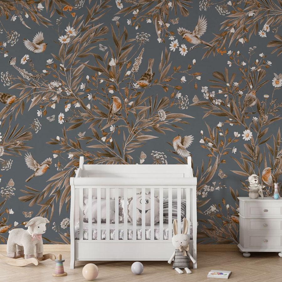 Playful Robins – Vintage Blue wallpaper mural in a nursery crib