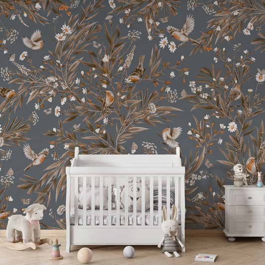 Playful Robins – Vintage Blue wallpaper mural in a nursery crib