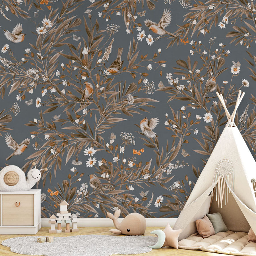 Playful Robins – Vintage Blue wallpaper mural in a teepee