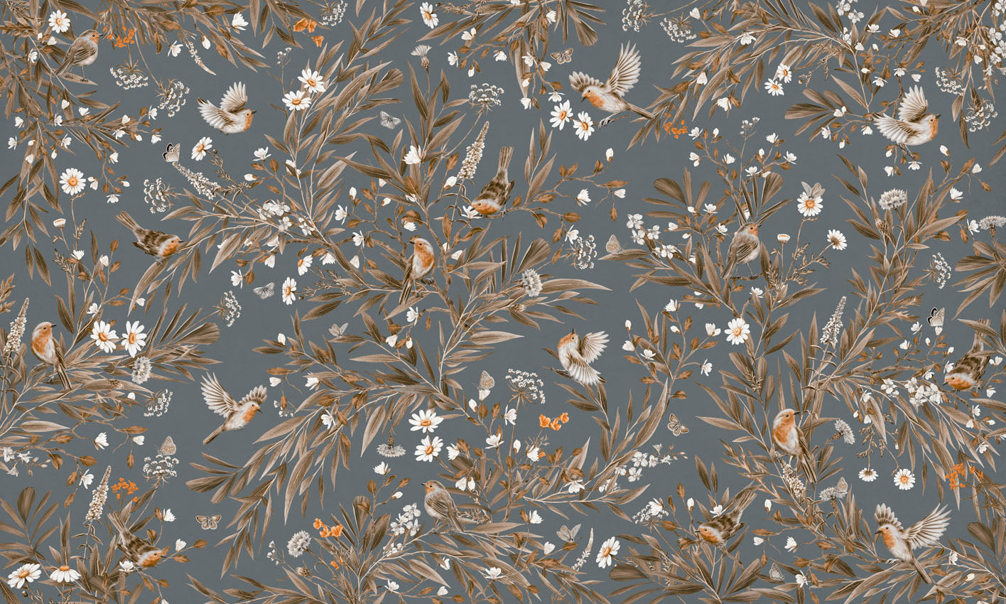 Playful Robins – Vintage Blue wallpaper mural by Kikki Belle