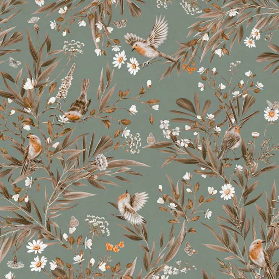 Close-up of the Playful Robins – Vintage Green wallpaper mural