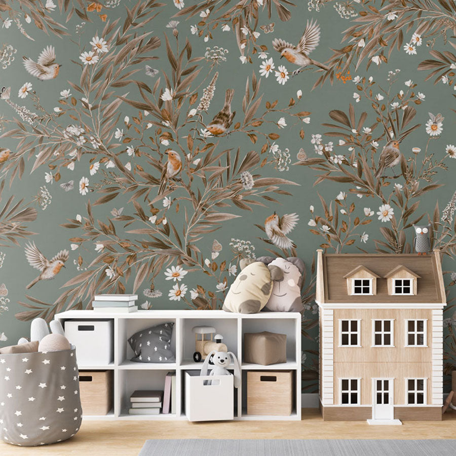 Playful Robins – Vintage Green wallpaper mural in a dolls house