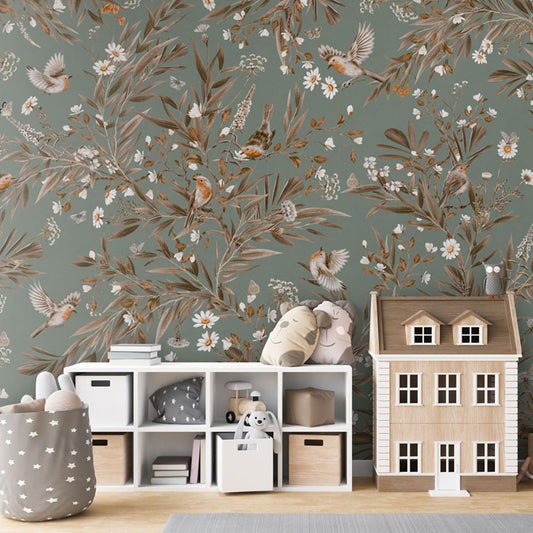 Playful Robins – Vintage Green wallpaper mural in a dolls house