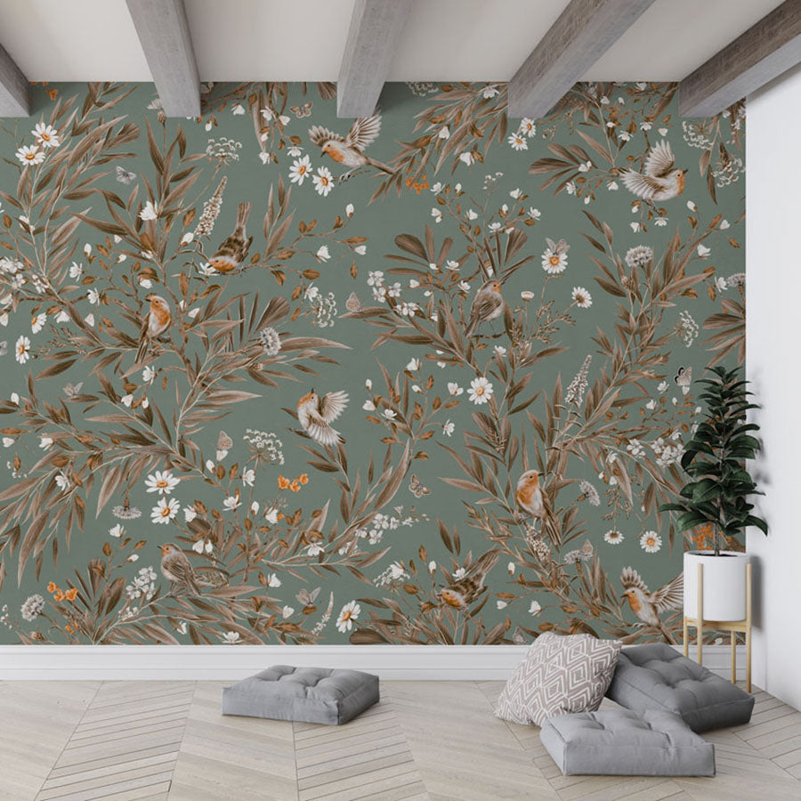 Playful Robins – Vintage Green wallpaper mural in a hanging chair floor cushions