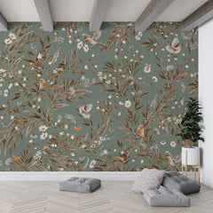 Playful Robins – Vintage Green wallpaper mural in a hanging chair floor cushions