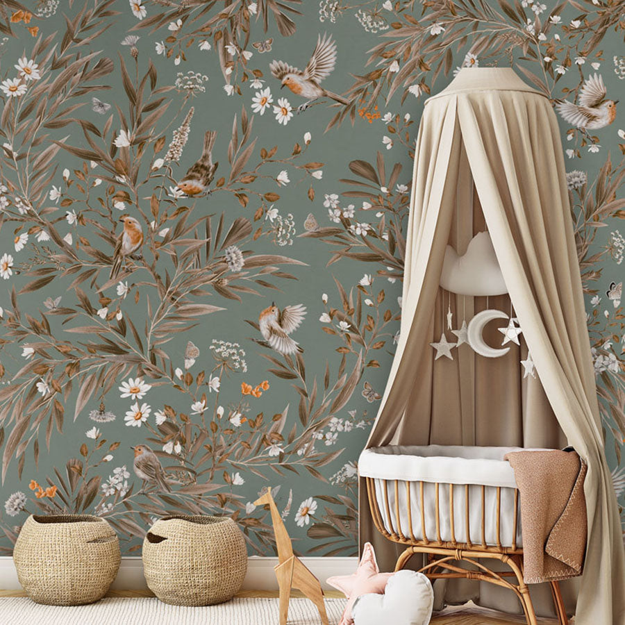 Playful Robins – Vintage Green wallpaper mural in a nursery rattan cot canopy