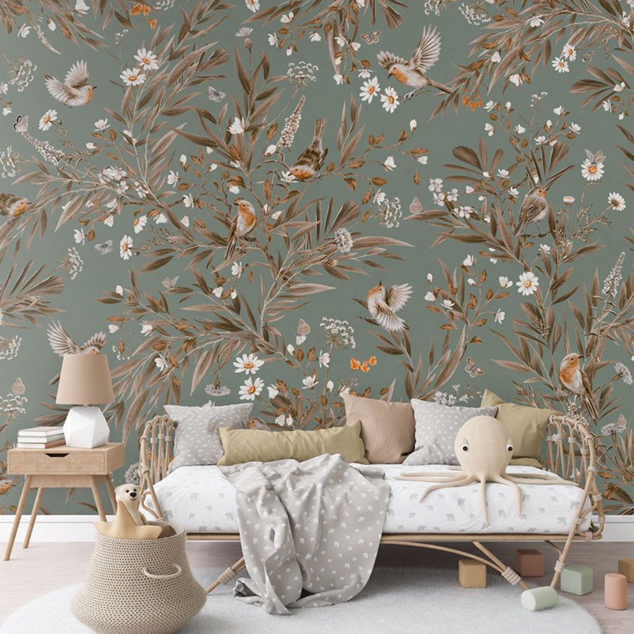Playful Robins – Vintage Green wallpaper mural in a rattan daybed