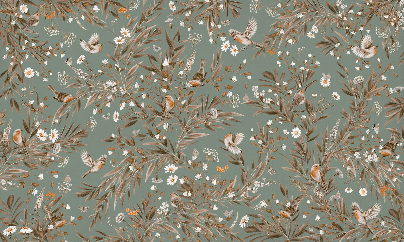 Playful Robins – Vintage Green wallpaper mural by Kikki Belle