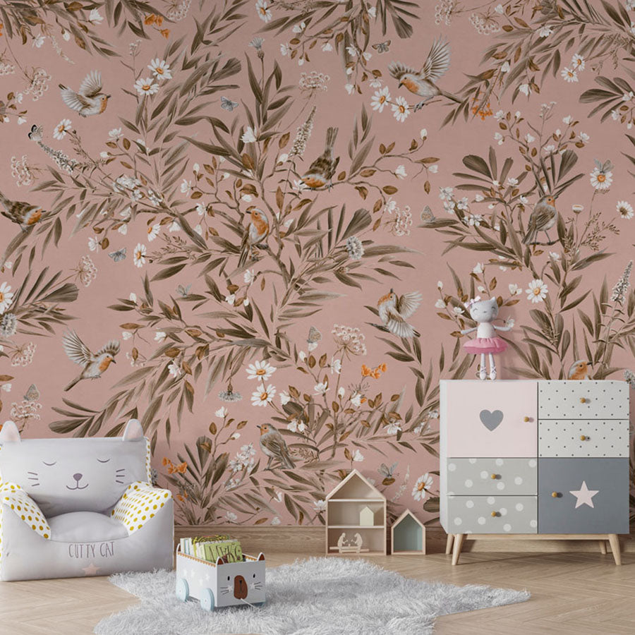 Playful Robins – Vintage Pink wallpaper mural in a armchair storage