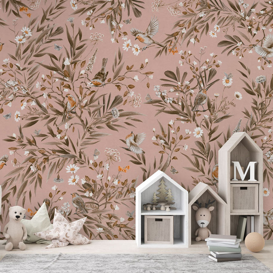 Playful Robins – Vintage Pink wallpaper mural in a house shaped storage