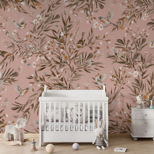 Playful Robins – Vintage Pink wallpaper mural in a nursery crib