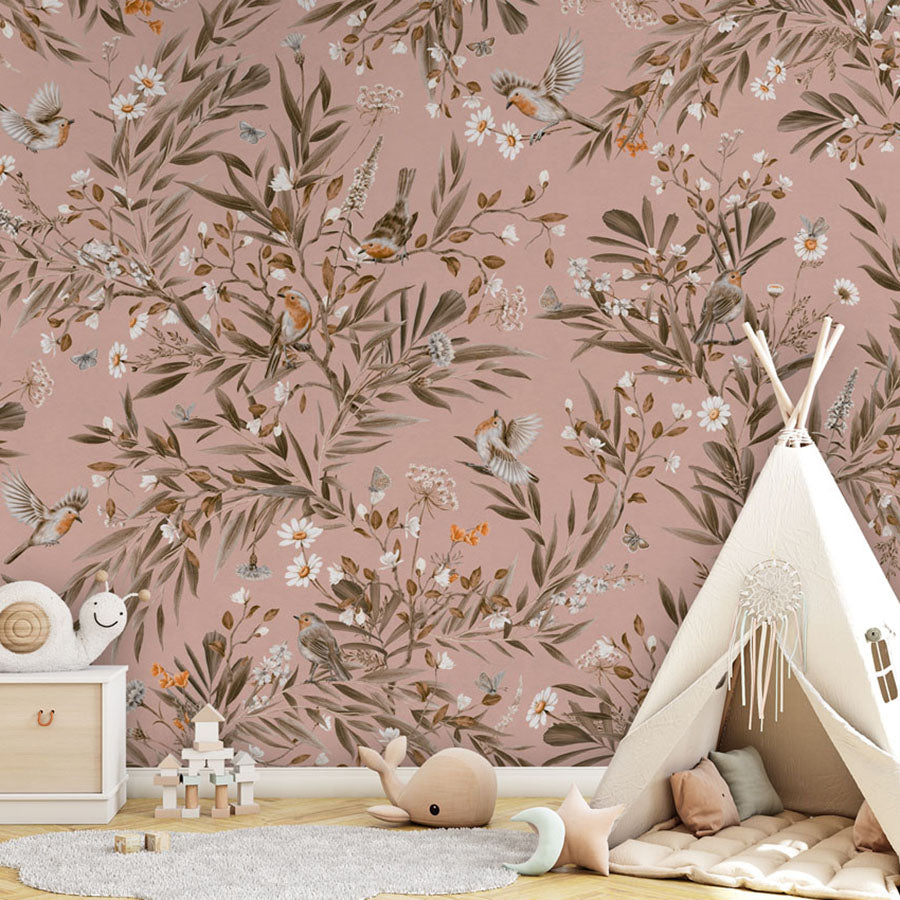 Playful Robins – Vintage Pink wallpaper mural in a teepee
