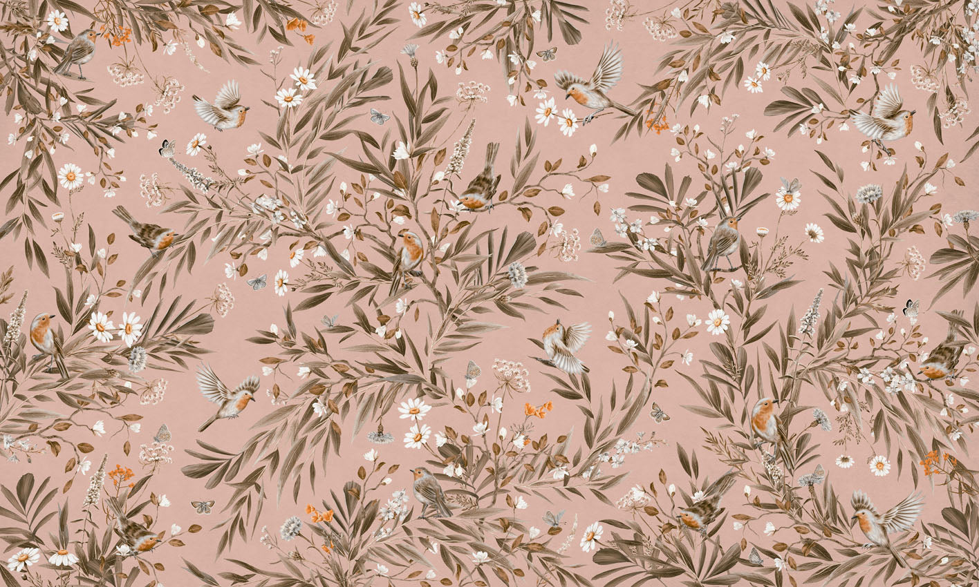 Playful Robins – Vintage Pink wallpaper mural by Kikki Belle