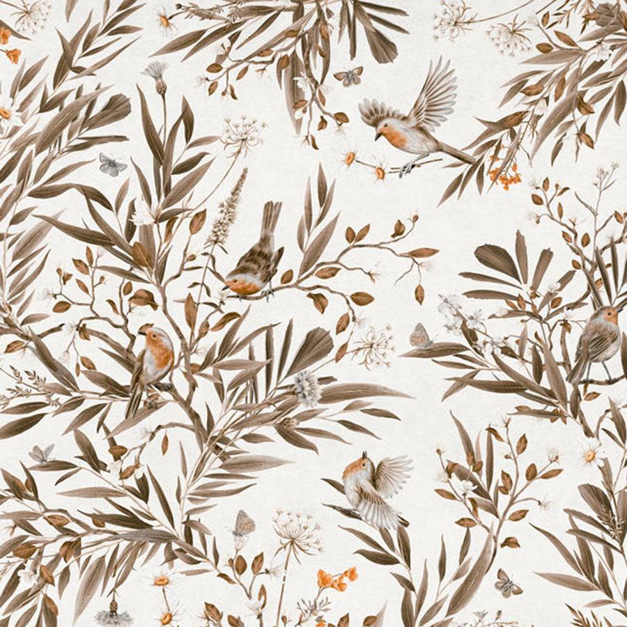 Close-up of the Playful Robins – Vintage White wallpaper mural