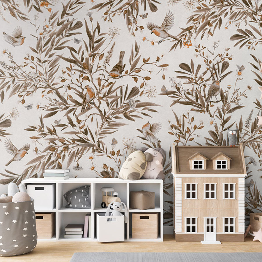 Playful Robins – Vintage White wallpaper mural in a dolls house