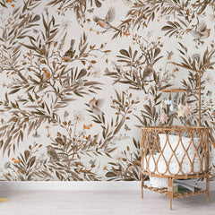Playful Robins – Vintage White wallpaper mural in a nursery rattan cot