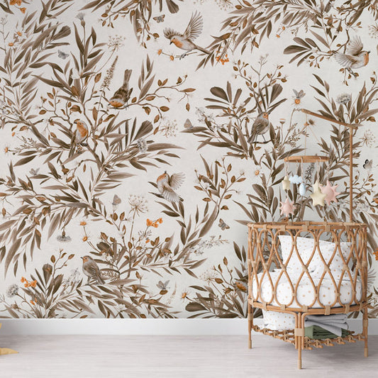 Playful Robins – Vintage White wallpaper mural in a nursery rattan cot