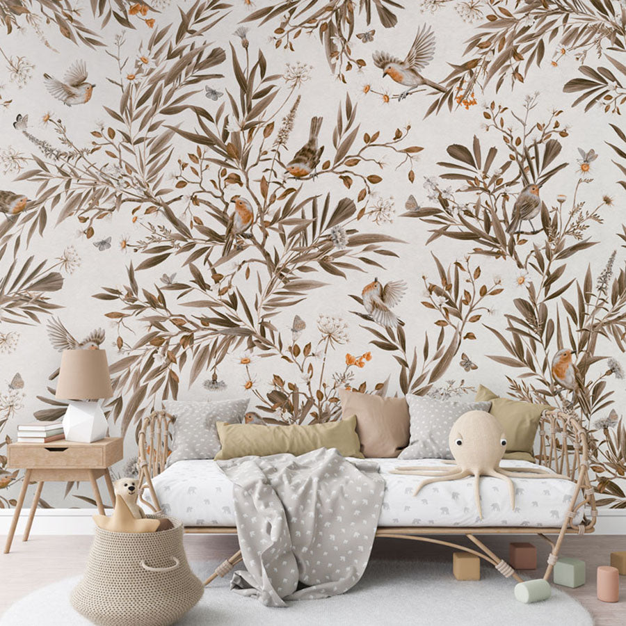 Playful Robins – Vintage White wallpaper mural in a rattan daybed