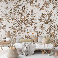 Playful Robins – Vintage White wallpaper mural in a rattan daybed