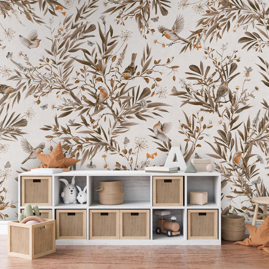 Playful Robins – Vintage White wallpaper mural in a toy storage