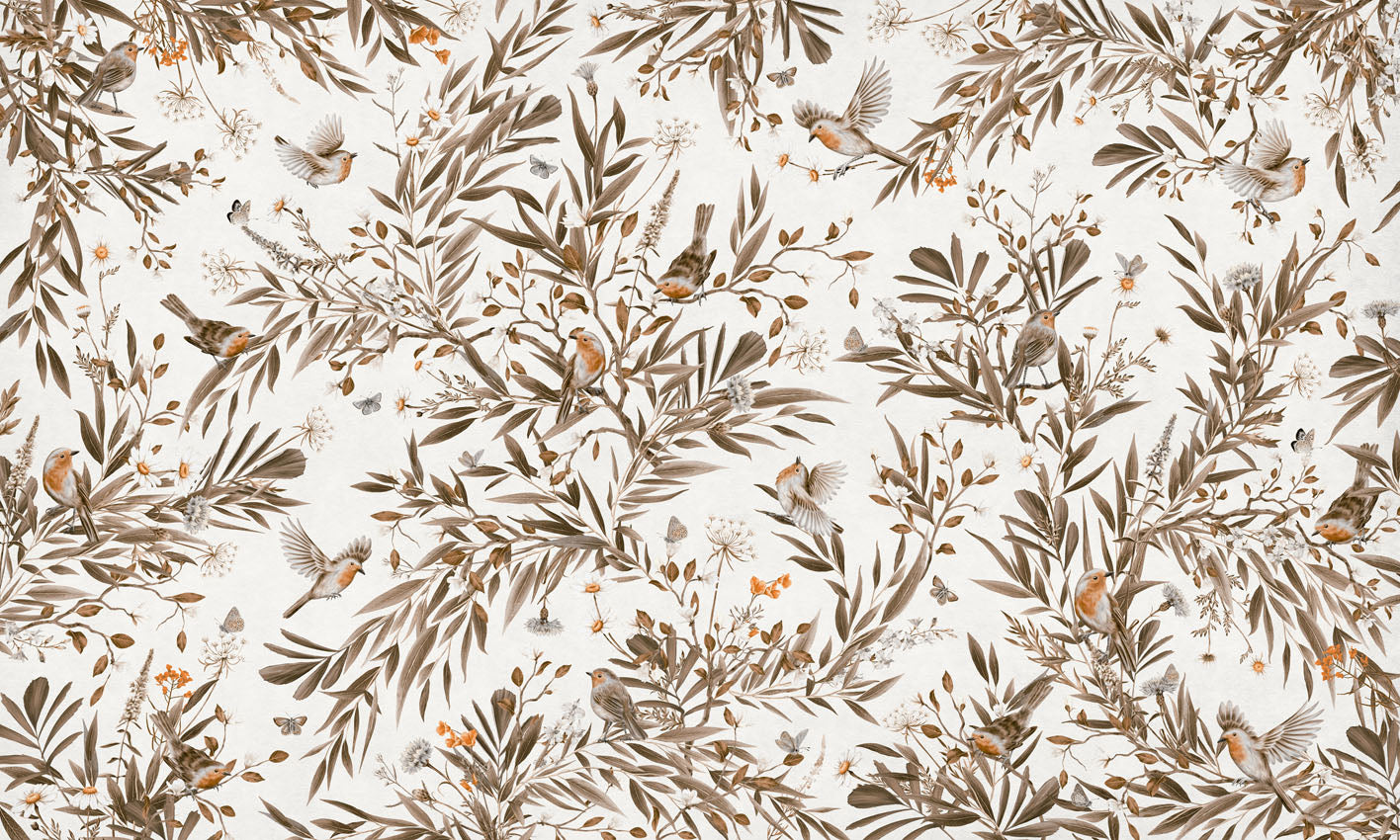 Playful Robins – Vintage White wallpaper mural by Kikki Belle