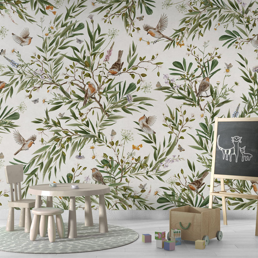 Playful Robins – White wallpaper mural in a chalkboard