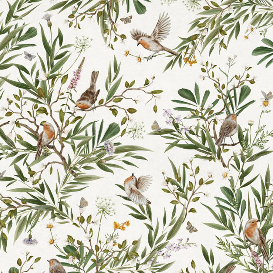 Close-up of the Playful Robins – White wallpaper mural