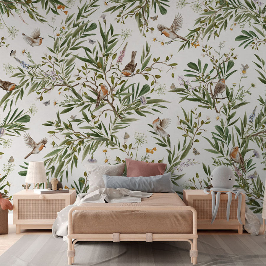 Playful Robins – White wallpaper mural in a rattan bed