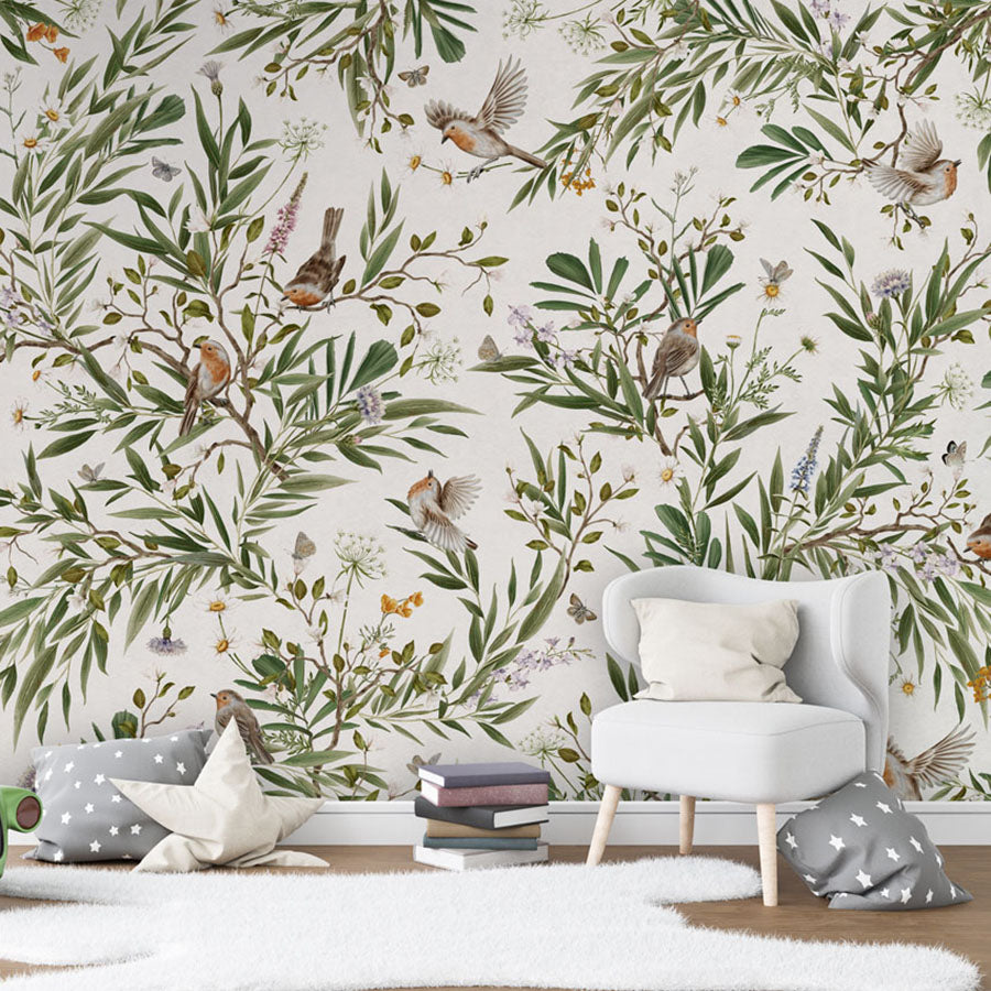 Playful Robins – White wallpaper mural in a toy car
