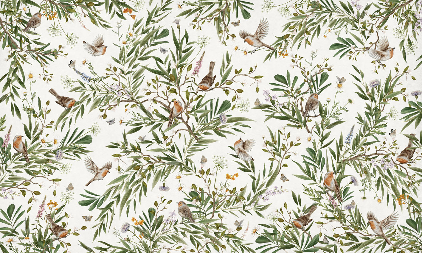 Playful Robins – White wallpaper mural by Kikki Belle