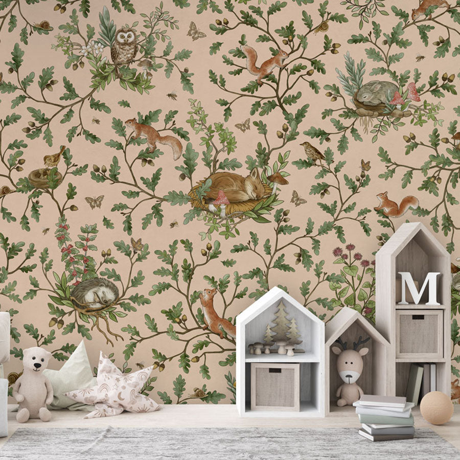 Playful Woods – Beige wallpaper mural in a house shaped storage